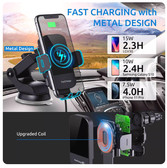 15W Fast Charging Auto Clamping Car Phone Holder with Charger