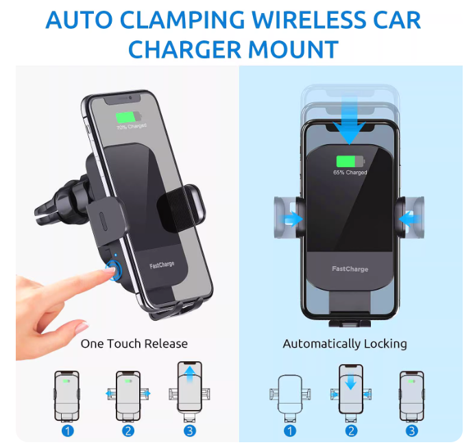 15W Fast Charging Auto Clamping Car Phone Holder with Charger